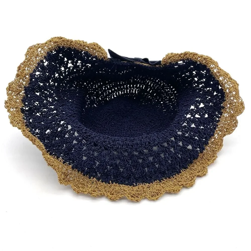 Vintage 1930s Navy Crochet Cloche Hat Gold Lace Trim Ribbon Bow Women’s One Size - Picture 11 of 14
